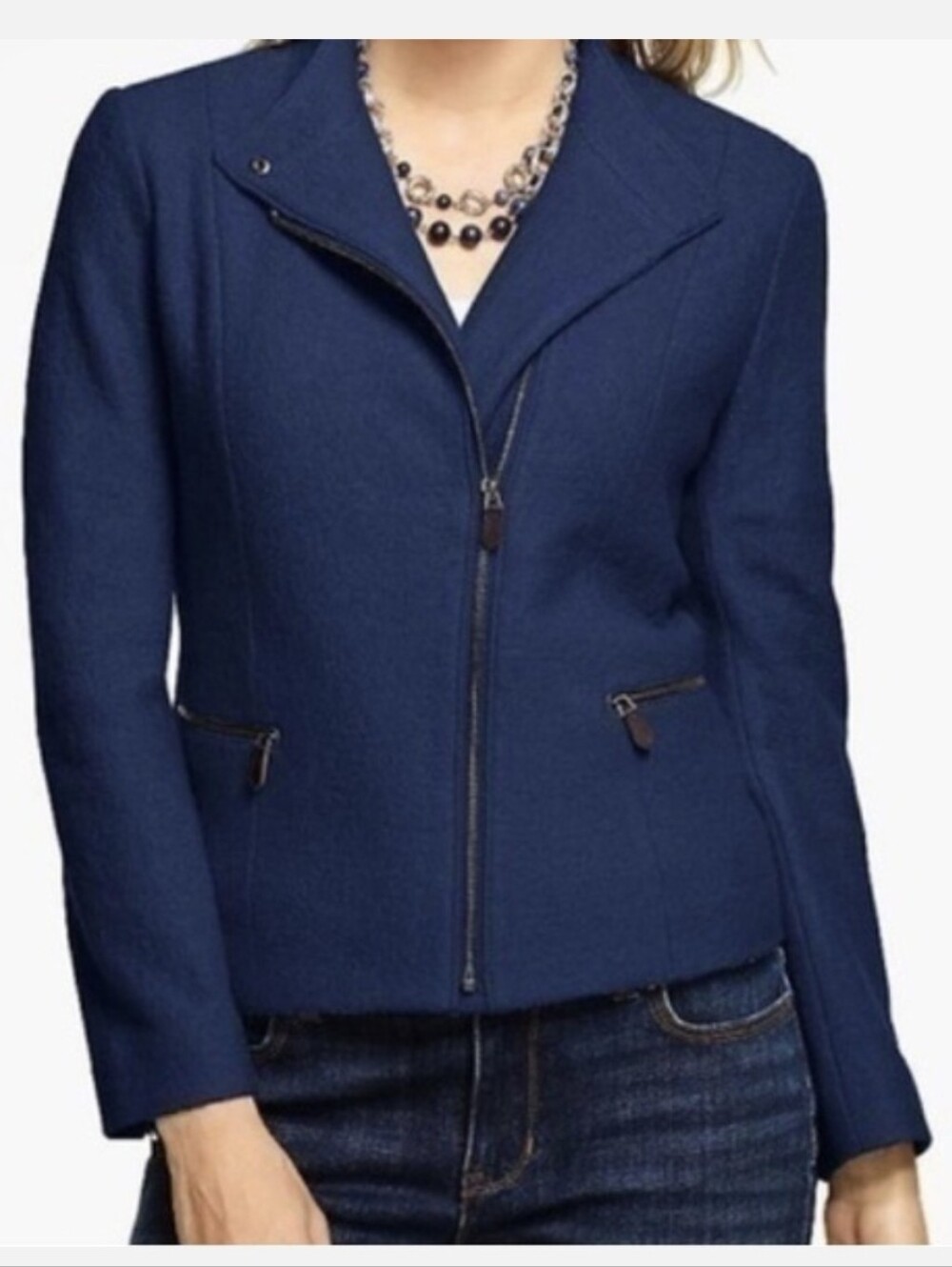 Talbots Petites Navy Blue Wool Rayon Asymmetric Zip Moto Jacket